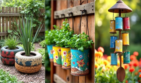 How can using old mugs or tins as planters add personality to a small garden?