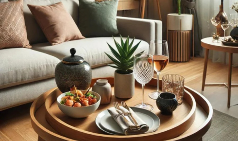 How can using trays on side tables keep small objects from looking scattered